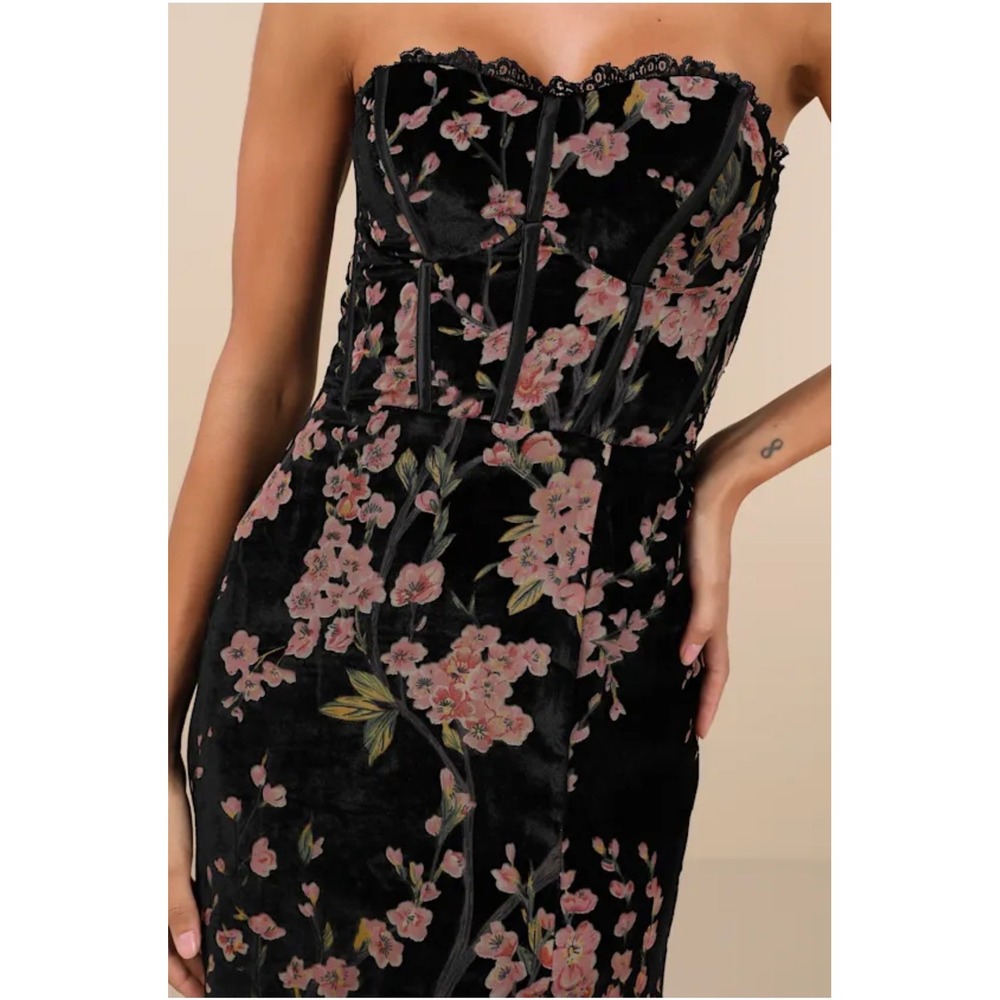 Lulus Luxurious Allure Black Floral Burnout Velvet Strapless Maxi Dress Small NW - Picture 4 of 13